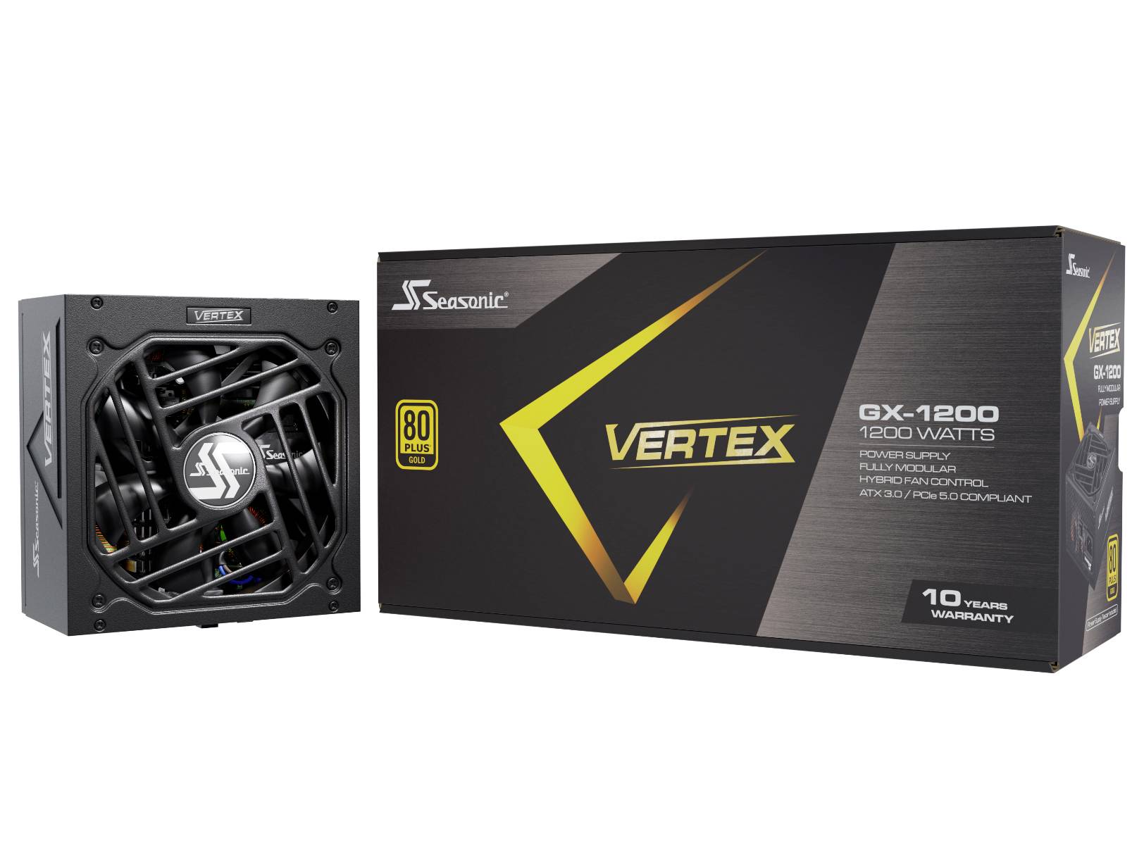 'Netzteil Seasonic Vertex GX-1200, 1200 Watt, 80 Plus Gold Zertifizierung, 10 Jahre Garantie. Abbildung zeigt Netzteil und Verpackung.'
