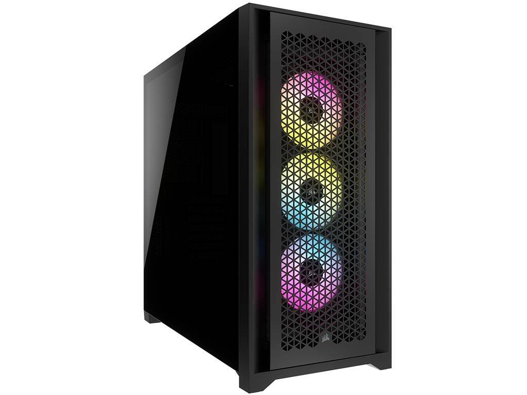 Ein schwarzes Computergehäuse mit drei leuchtenden, bunten Lüftern an der Vorderseite.