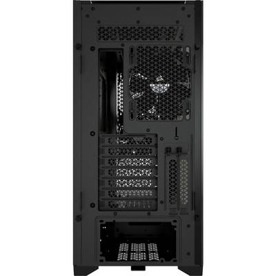Schwarzes Computergehäuse, Rückansicht. Gehäuse mit Lüfteröffnung, mehreren Erweiterungsslots und Lüftergitter.