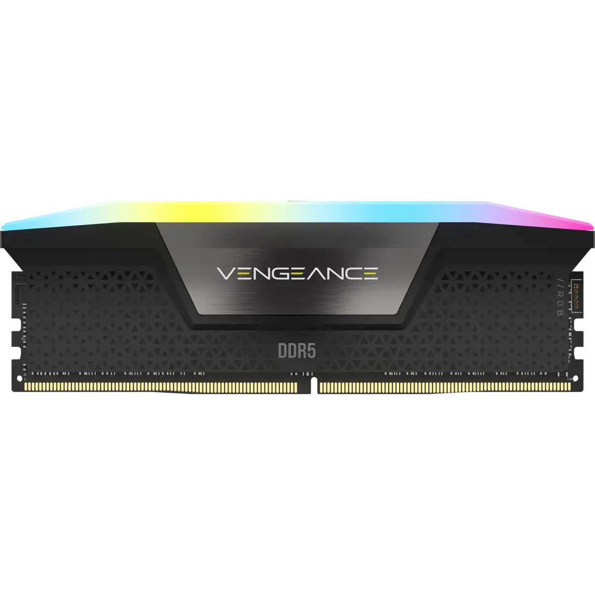 DDR5 Vengeance RAM-Modul mit farbigen LED-Leuchten oben.