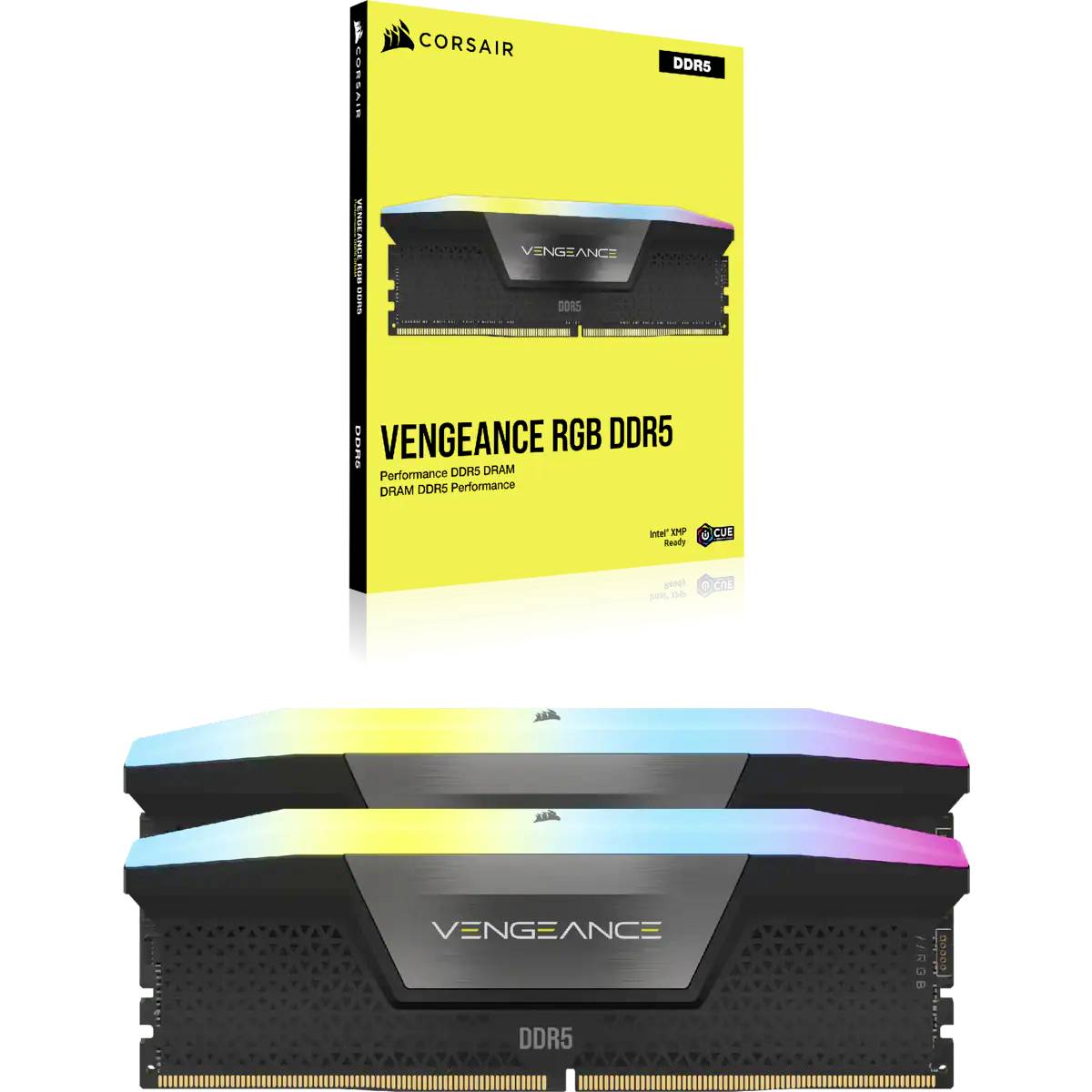 Corsair Vengeance RGB DDR5 RAM in der Verpackung, mit zwei beleuchteten RAM-Riegeln darunter. Bettont Leistungsfähigkeit und RGB-Beleuchtung.