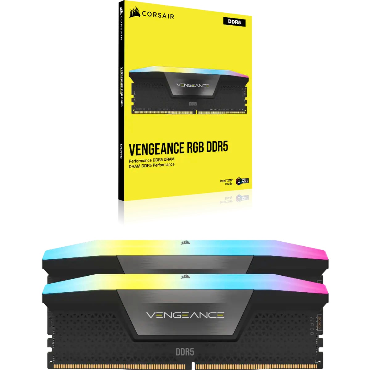 Corsair Vengeance RGB DDR5 RAM in der Verpackung, mit zwei beleuchteten RAM-Riegeln darunter. Bettont Leistungsfähigkeit und RGB-Beleuchtung.