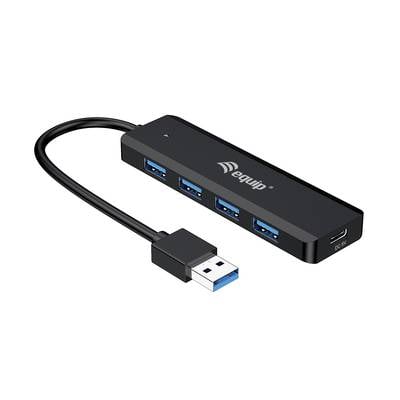 USB-Hub mit schwarzem Gehäuse, vier USB-3.0-Anschlüssen und einem Kabel mit USB-Stecker.