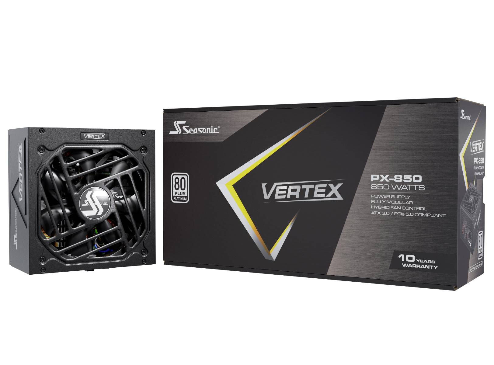 Netzteil 'Seasonic Vertex PX-850', 850 Watt, 80 Plus Platinum zertifiziert. Verpackung mit Logo und 10 Jahre Garantiehinweis.
