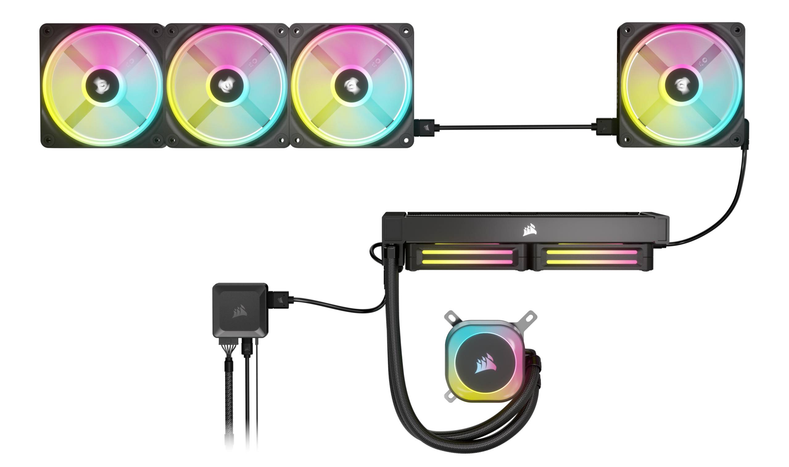 RGB-beleuchtetes PC-Kühlungssystem mit drei großen Lüftern und einer Pumpe, verbunden über Schläuche und Kabel für optimale Kühlung.