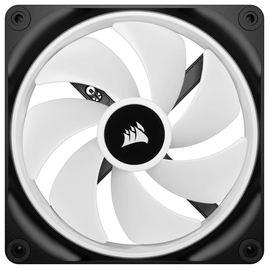 Ein weißer Computerlüfter mit einem schwarzen Rahmen und einem Logo in der Mitte. Der Lüfter hat fünf Flügel und ist quadratisch geformt.