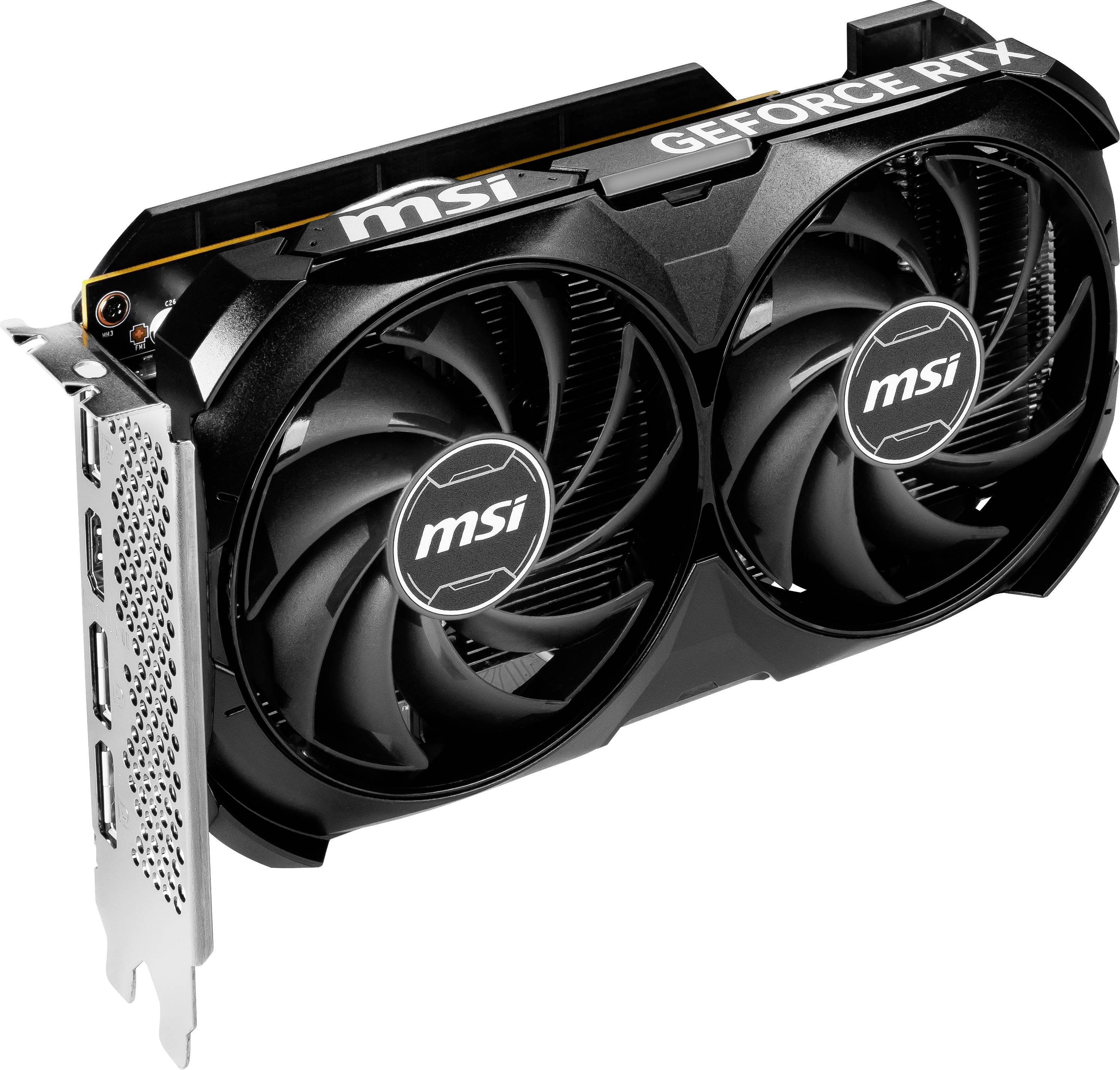Grafikkarte mit zwei großen Lüftern und MSI-Logo. Enthält mehrere Anschlussports auf der Seite. Modell 'GeForce RTX'.