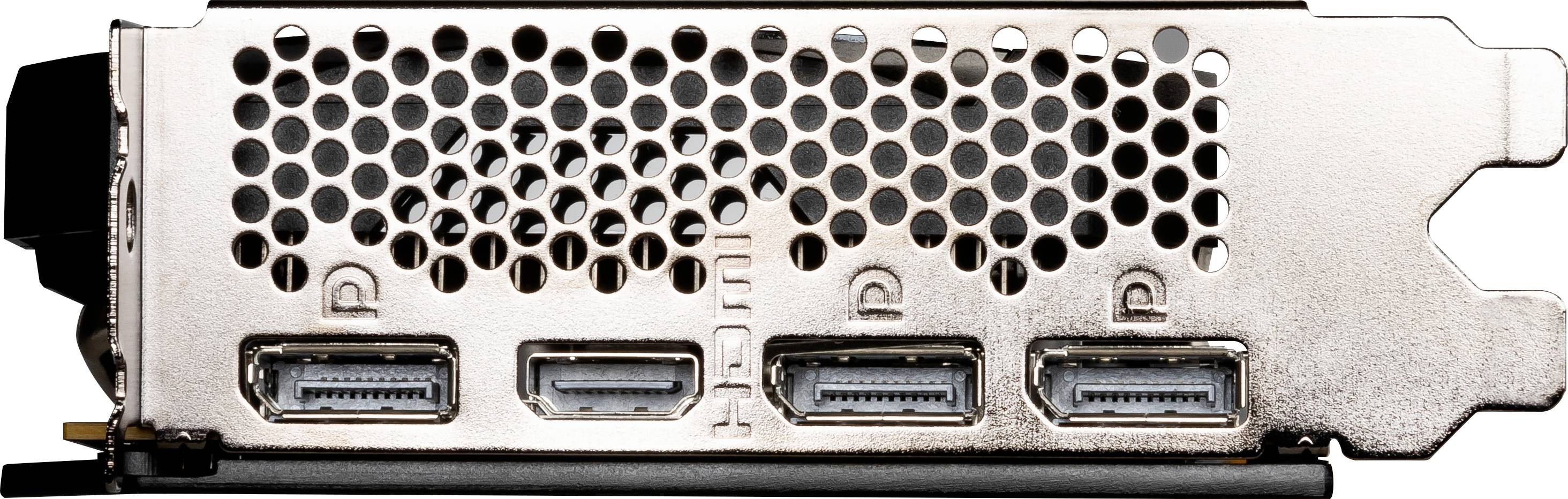 Rückansicht einer Grafikkarte mit drei Display-Port-Anschlüssen und einem HDMI-Anschluss, Metallschachtel mit Lüftungsschlitzen.