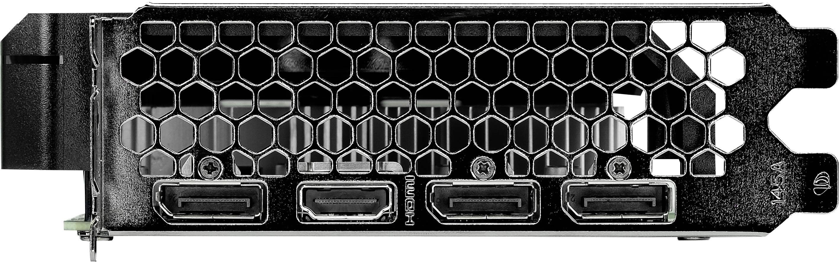Rückseite einer Computer-Grafikkarte mit Honigwabenmuster und mehreren HDMI- und DisplayPort-Anschlüssen.