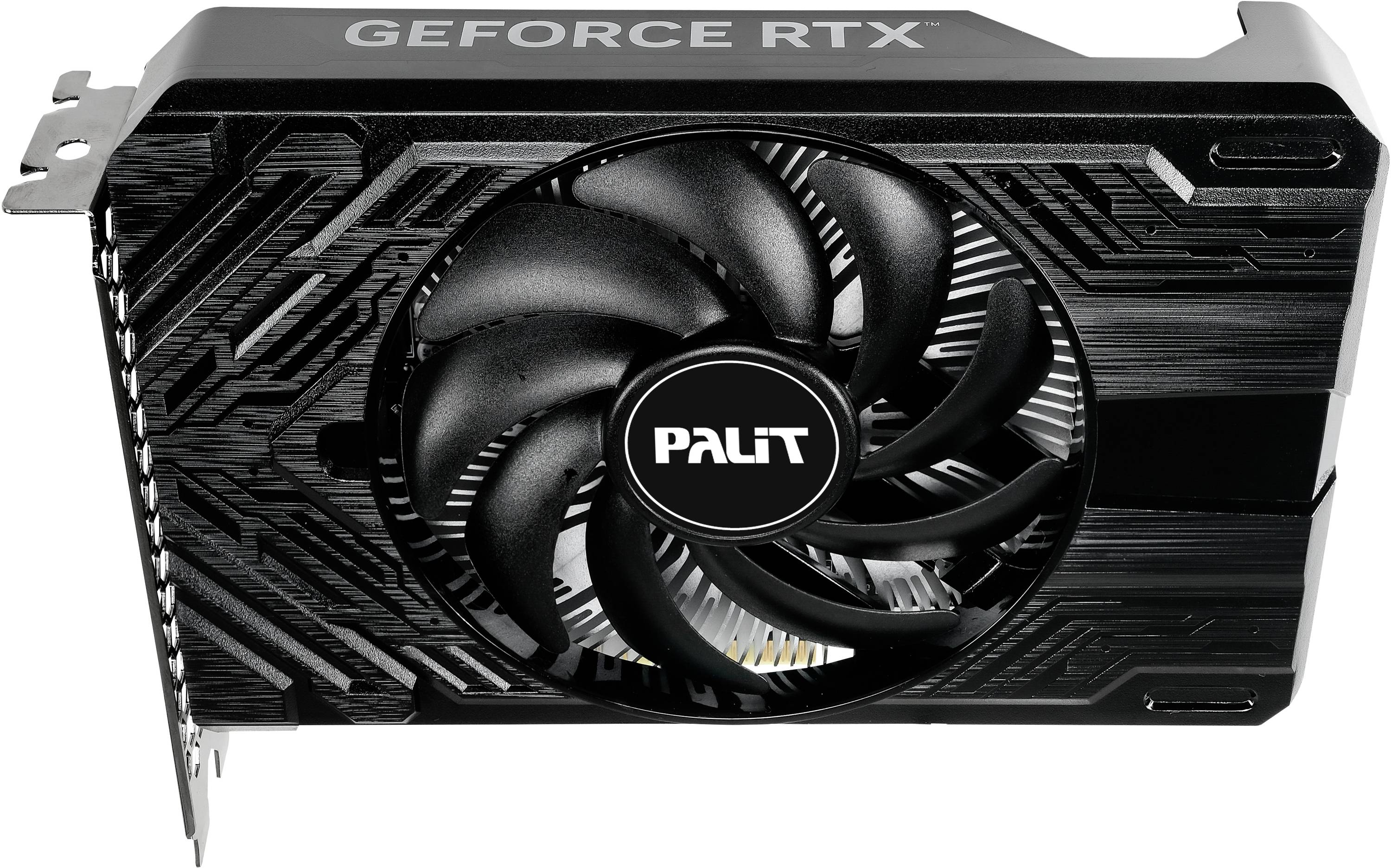 'Palit GeForce RTX' Grafikkarte mit einer schwarzen Lüfterabdeckung und einem großen zentralen Lüfter, geeignet für Gaming-PCs.