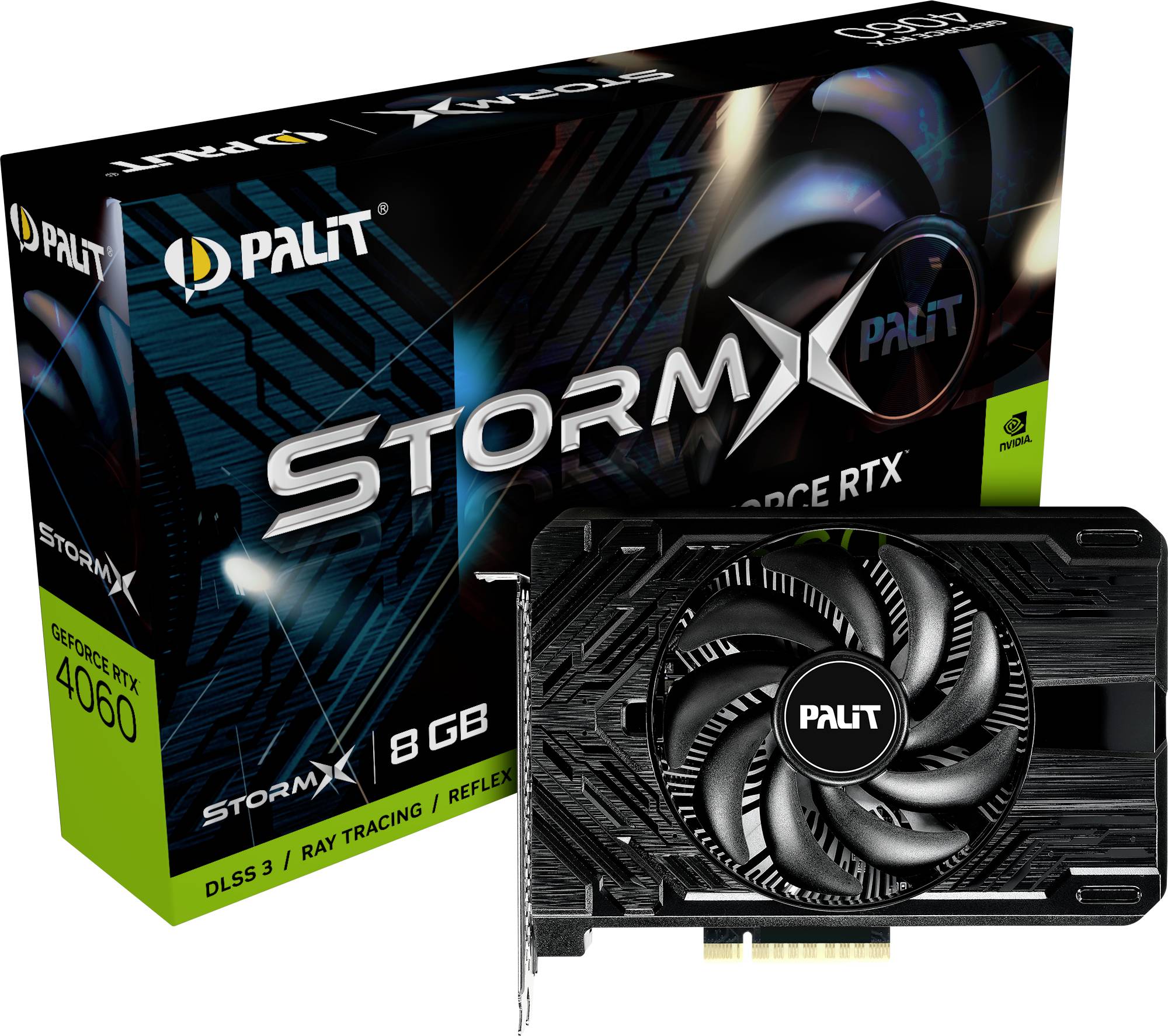 Grafikkarte 'Palit GeForce RTX 4060 StormX' mit 8 GB, Verpackung zeigt Markennamen und technische Details.