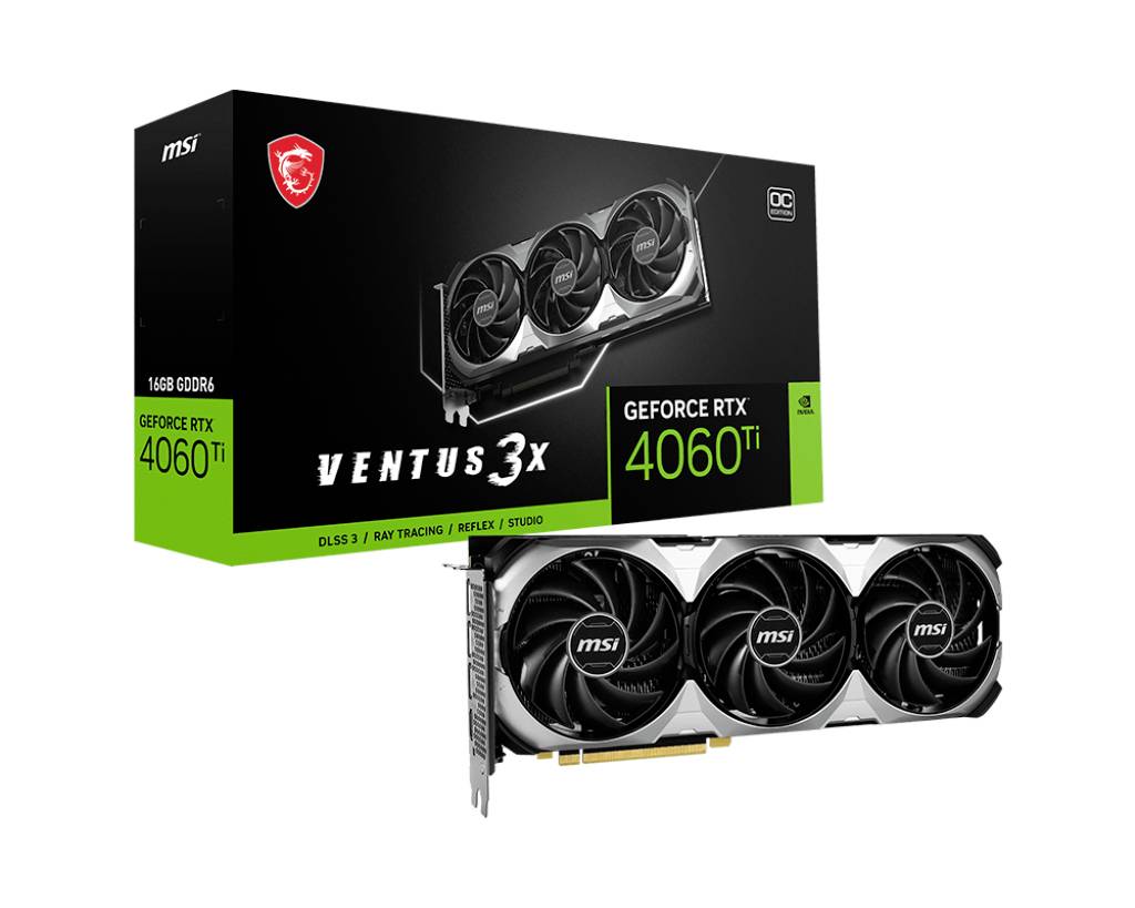 Eine MSI GeForce RTX 4060 TI Grafikkarte mit Verpackung. Die Karte hat drei Lüfter. Text auf der Verpackung: 'VENTUS 3X'.