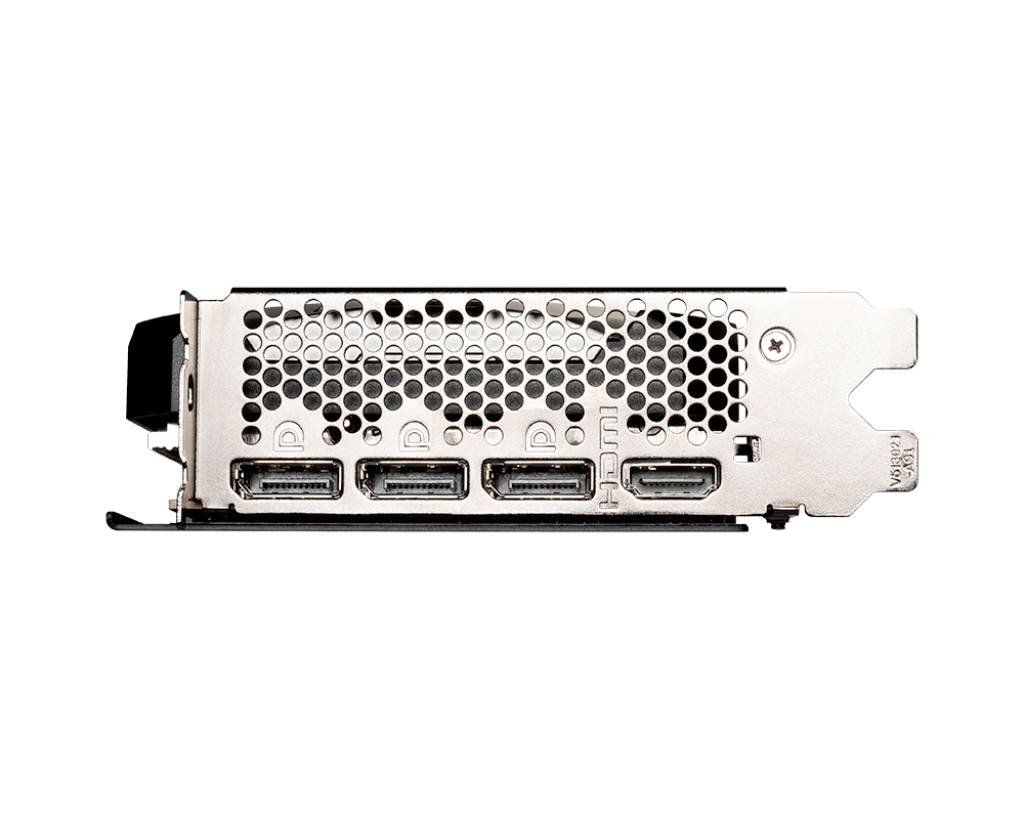 Rückansicht einer Grafikkarte mit einem Kühlergitter und vier Display-Ausgängen: drei DisplayPorts und ein HDMI-Anschluss.