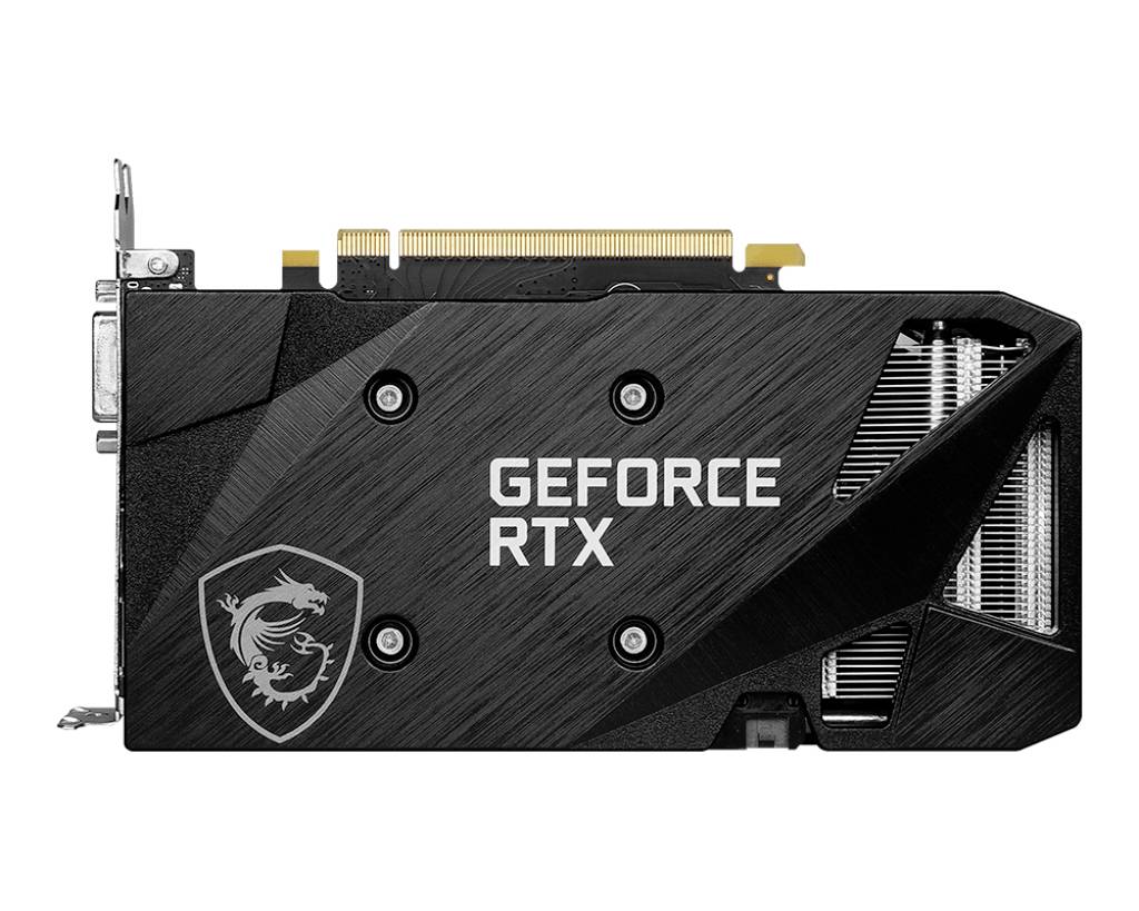 Eine schwarze Grafikkarte mit der Aufschrift 'GeForce RTX' und einem drachenförmigen Logo auf der linken Seite.