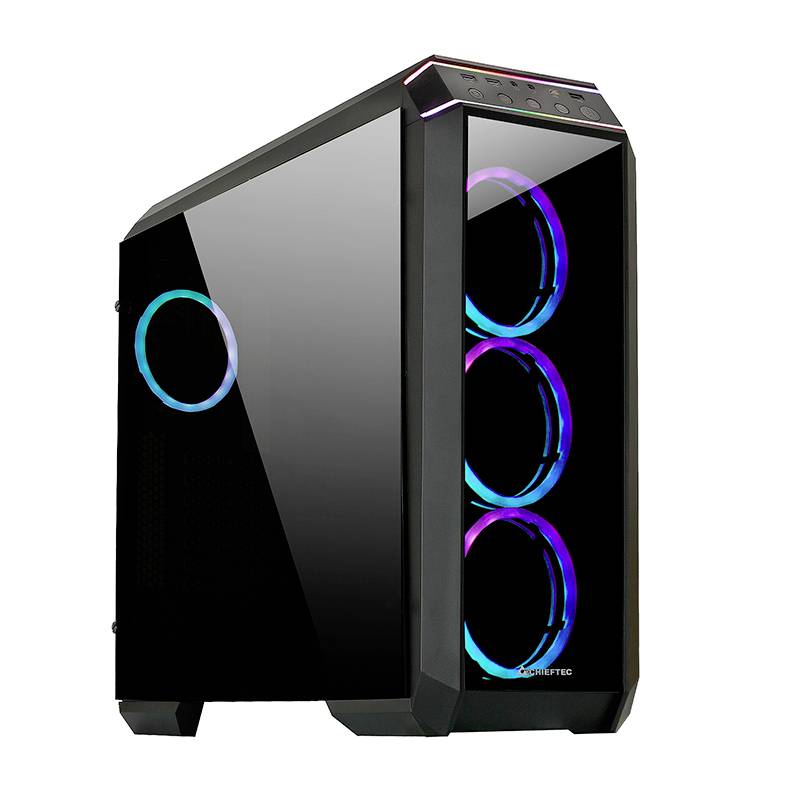 Ein Gaming-PC-Gehäuse mit Glasfront und drei farbveränderbaren LED-Lüftern. Modernes Design, geeignet für leistungsstarke Computer.