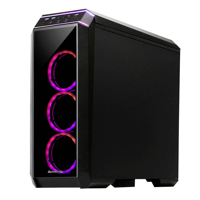Ein schwarzes Computergehäuse mit drei beleuchteten Lüftern an der Vorderseite, die in verschiedenen Farben leuchten.