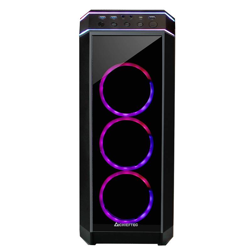 Schwarzes Computergehäuse mit Glasfront und drei leuchtenden RGB-Lüftern.
