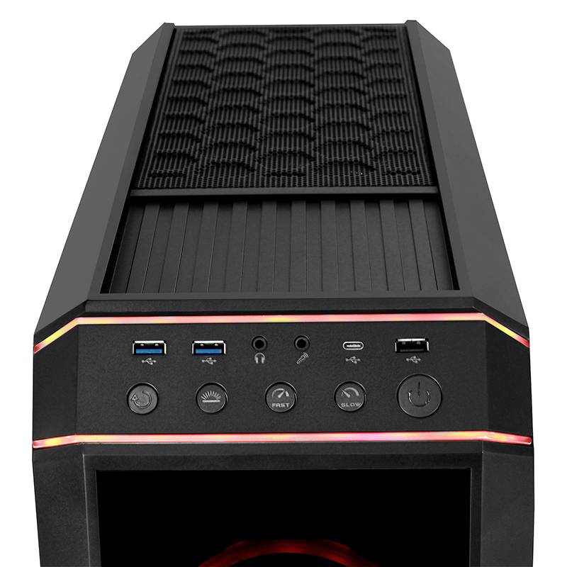 Ein schwarzes Computergehäuse von oben gesehen, zeigt USB-Anschlüsse, Kopfhörerbuchse, Power-Button und Lüftungsgitter.