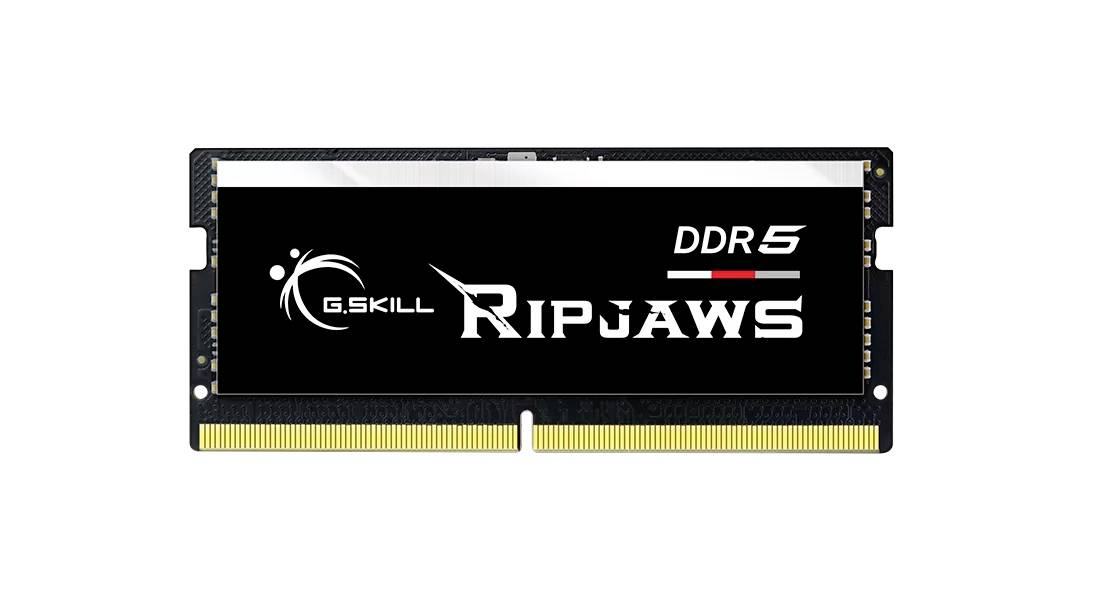 DDR5-RAM-Modul von G.Skill aus der Ripjaws-Serie mit schwarzem und silbernem Design, mit goldenen Anschlusskontakten unten.