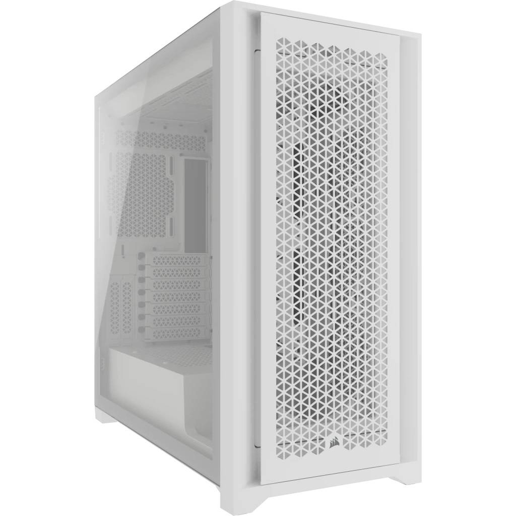 Weißes PC-Gehäuse mit Mesh-Front, transparenter Seitenwand und mehreren Lüfteröffnungen.