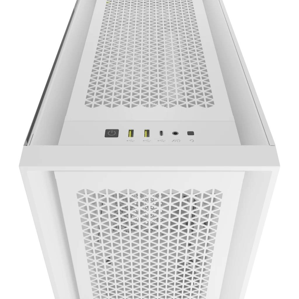 Weiße Computerkiste mit Mesh-Oberseite und Anschlüssen für USB, Audio und Strom an der Vorderseite. Schlichtes, modernes Design.