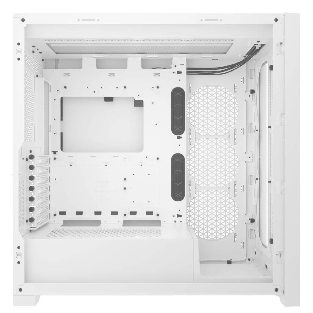 Weiße PC-Gehäuse-Innenansicht mit Platz für Mainboard, Kabelmanagement und Lüfter.