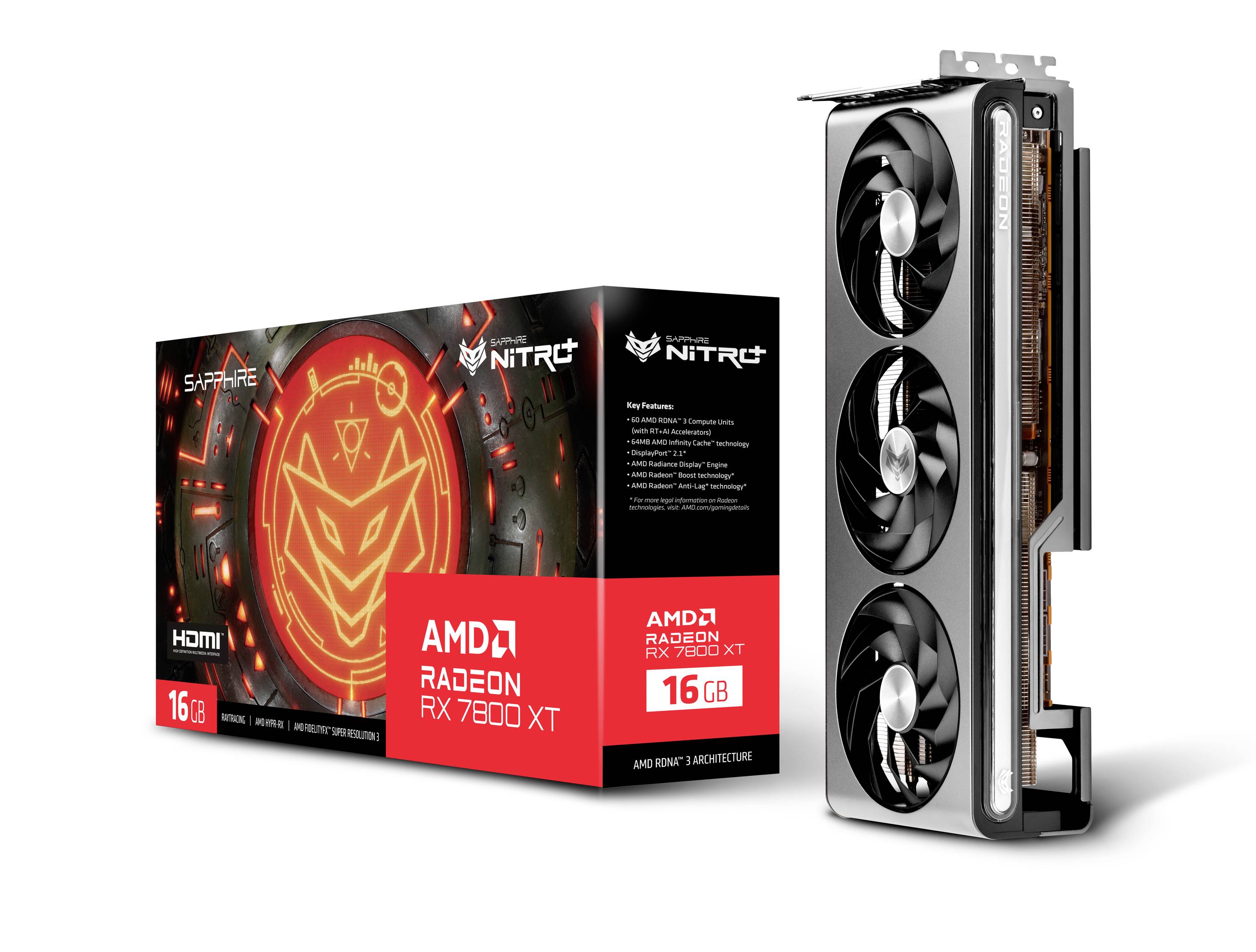 Die Abbildung zeigt eine AMD Radeon RX 7800 XT Grafikkarte neben ihrer Verpackung. Die Box hat rote und schwarze Designelemente.
