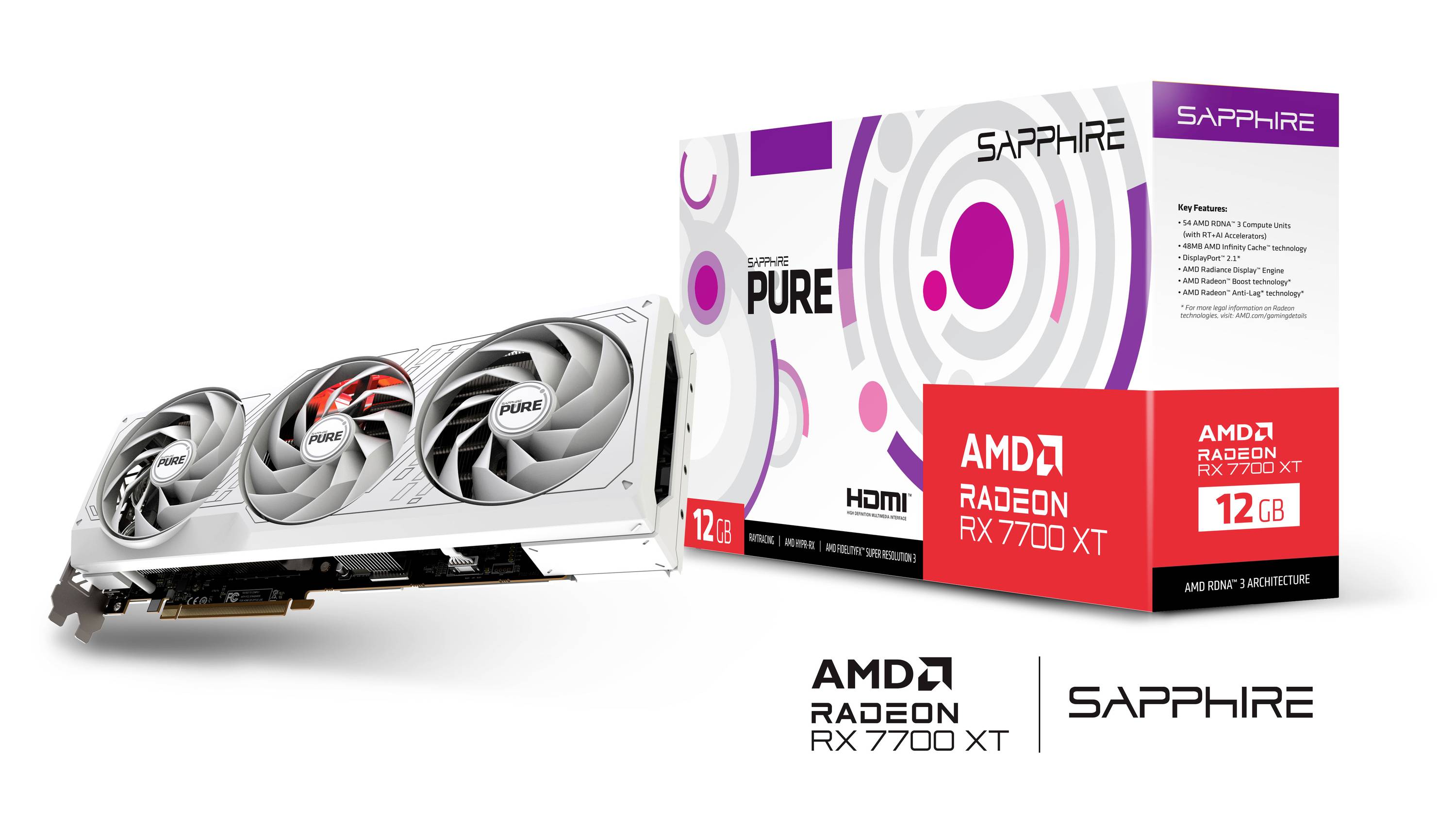 Grafikkarte Sapphire AMD Radeon RX 7700 XT mit Verpackung. Hebt 12 GB Speicher, HDMI-Konnektivität und markantes Design hervor.