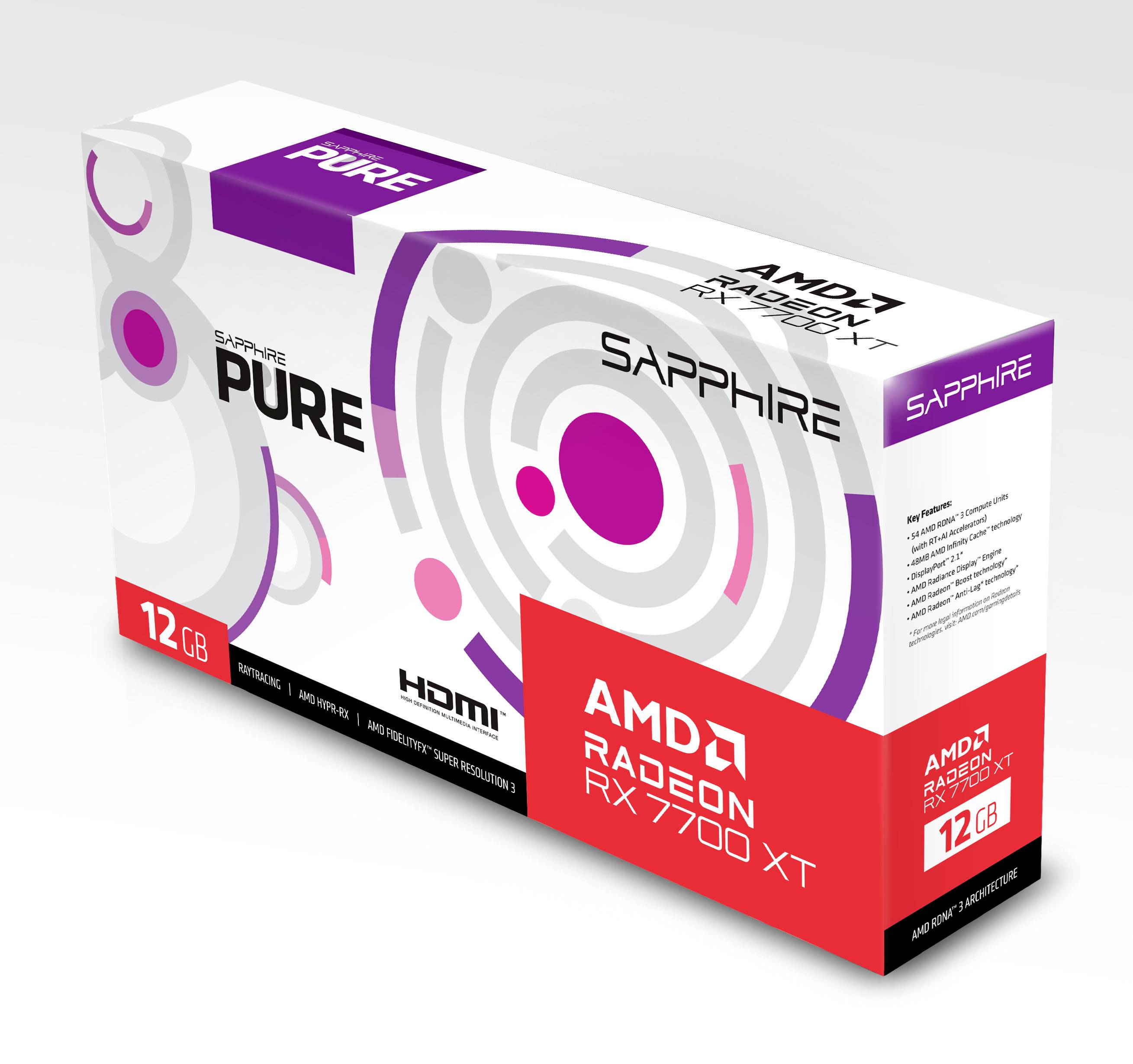 Grafikkartenverpackung mit der Aufschrift 'AMD Radeon RX 7700 XT', 'Sapphire Pure' und '12 GB'. Design in Weiß und Lila.