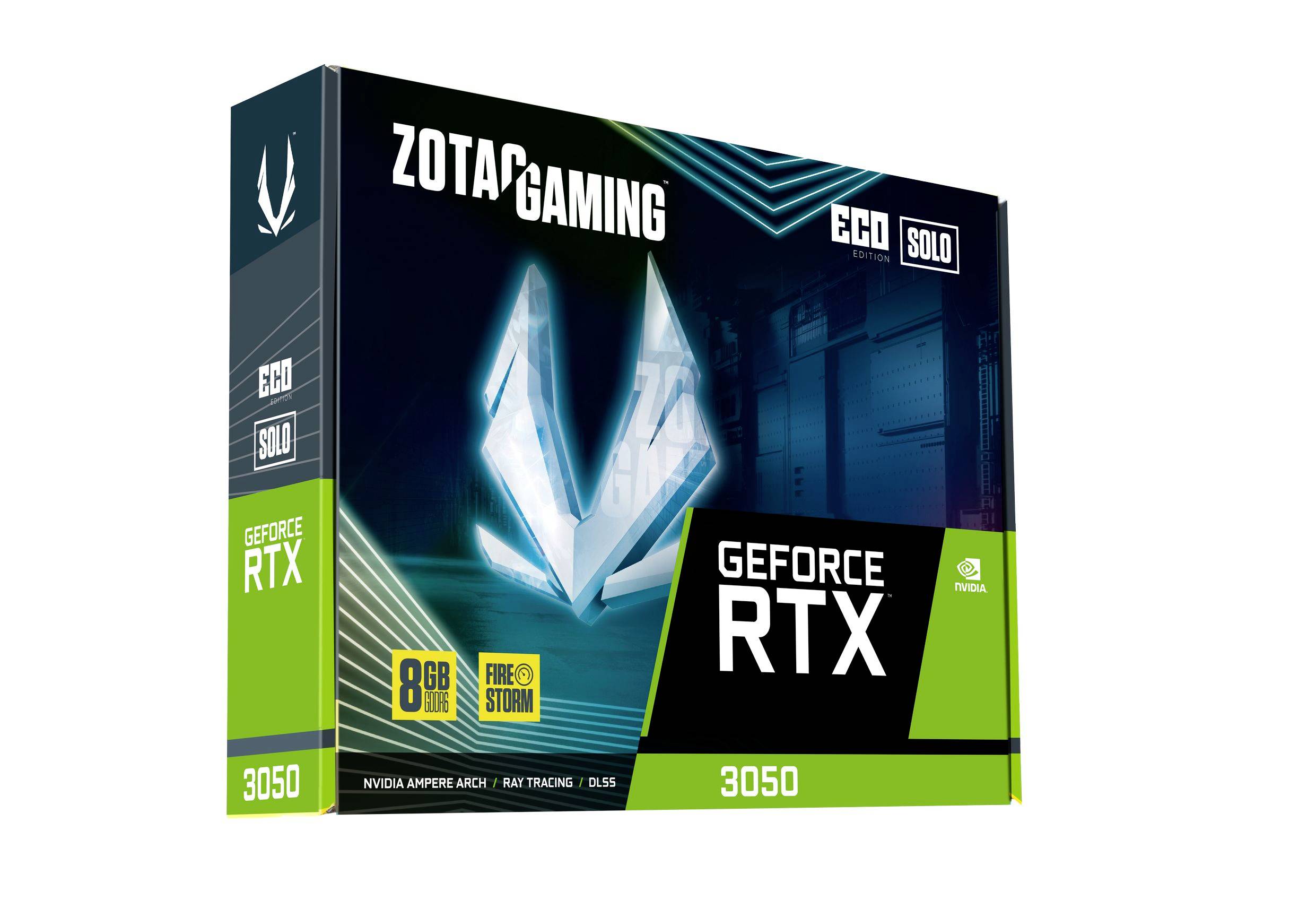 Verpackung einer ZOTAC GAMING GeForce RTX 3050 Grafikkarte, 8GB Speicher, mit Logos und technischen Spezifikationen.