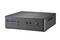 Ein schwarzer Mini-PC mit mehreren Anschlüssen an der Vorderseite, darunter USB- und Audiobuchsen sowie ein Netzschalter.