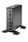 Ein schwarzer Mini-PC steht aufrecht auf einem Ständer. Er zeigt mehrere Anschlüsse, darunter HDMI, USB und einen Netzwerkanschluss.