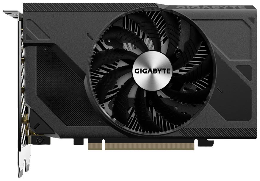 Schwarze Grafikkarte von Gigabyte mit großem Lüfter in der Mitte und mehreren Anschlussmöglichkeiten auf der linken Seite.