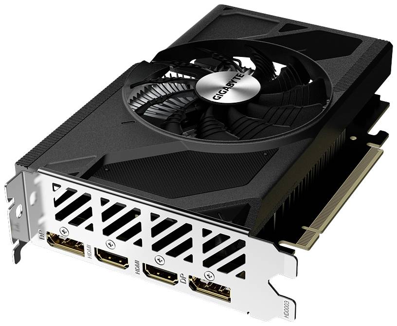 Computergrafikkarte mit Lüfter, zeigt den Anschlussbereich mit HDMI- und DisplayPort-Anschlüssen, darunter eine Lüftungsfläche.