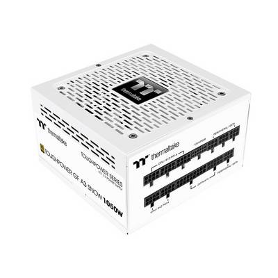 Ein weißes Computernetzteil der Marke 'Thermaltake', Modell 'Toughpower GF A3 Snow 1050W', mit mehreren Anschlussports an der Seite.