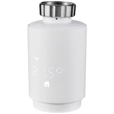 Weißer, zylindrischer Smart-Heizkörper-Thermostat mit LED-Anzeige für Temperatur und WLAN-Signal, oben mit Metallgewinde.