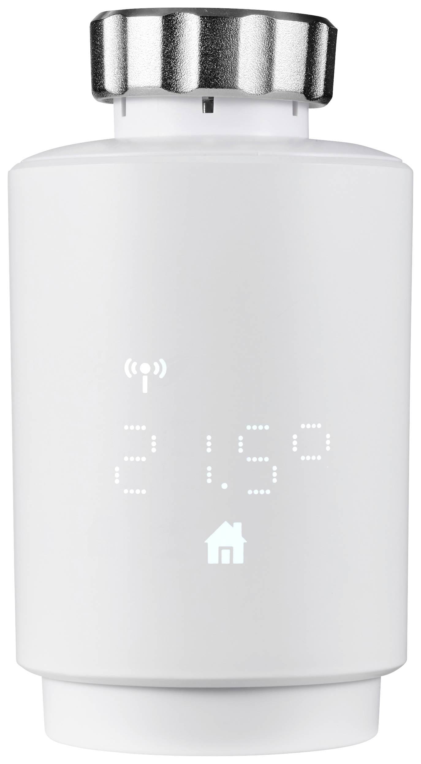 Ein weißes, zylindrisches Smart-Thermostat mit digitalem Display zeigt die Temperatur '21.5°' und ein Haus-Symbol an.