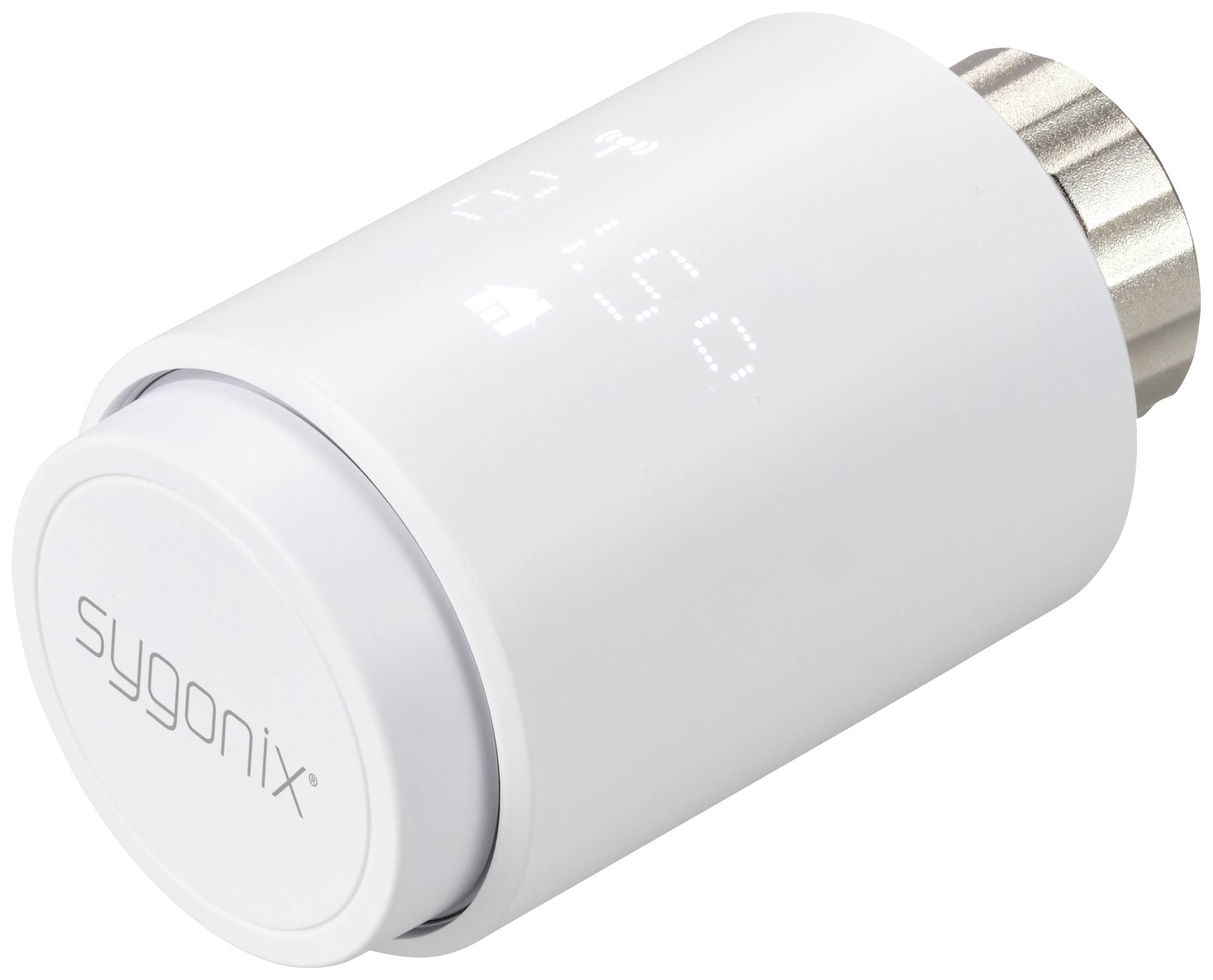 Ein weißer, digitaler Heizkörperthermostat von Sygonix mit LED-Anzeige, die Temperatur und WLAN-Symbol zeigt.