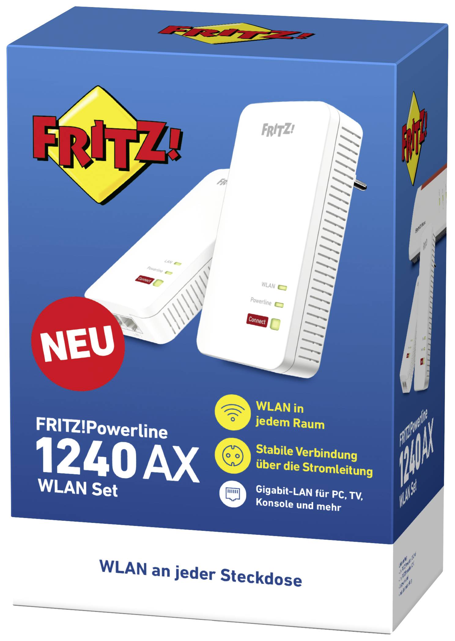 FRITZ!Powerline 1240 AX WLAN Set auf Verpackung. "NEU" hervorgehoben. Bietet WLAN über Stromleitung, Gigabit-LAN, für PC, TV.
