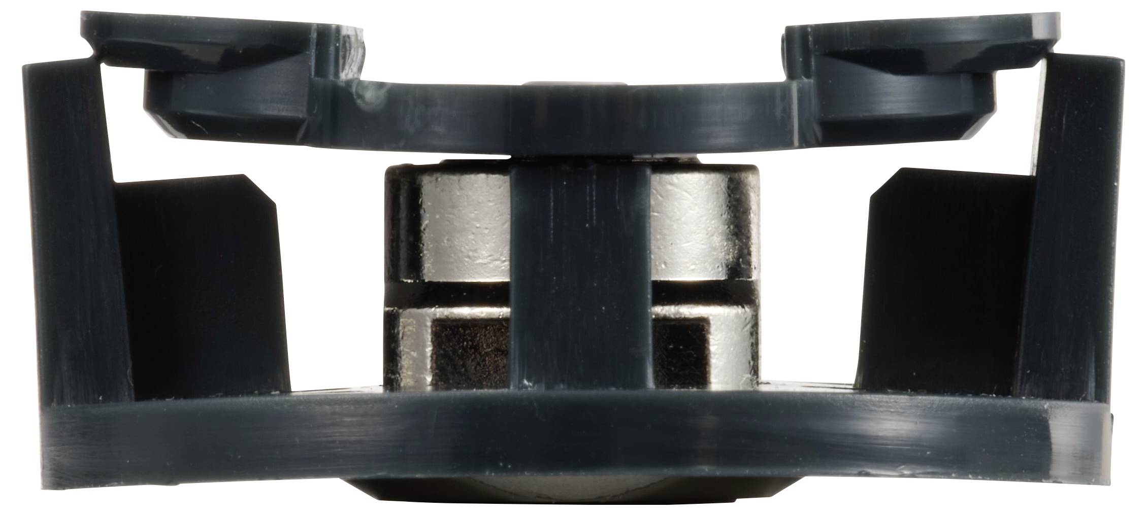 Ein schwarzes Plastikbauteil mit Metallzylinder in der Mitte, vermutlich Teil eines mechanischen Systems.