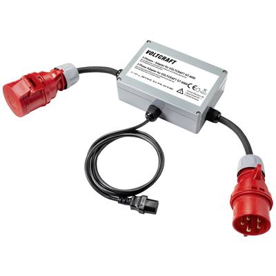Adapterkabel mit rotem Industrie-Steckverbinder und grauer Kontrollbox. Text auf Box: 'VOLCRAFT' mit technischen Spezifikationen.