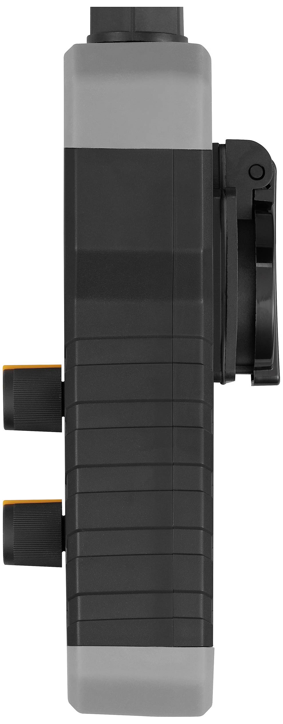 Ein seitlicher Blick auf ein schwarzes, rechteckiges technisches Gerät mit grauen und orangefarbenen Akzenten.