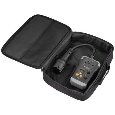 Tragetasche mit einem Diagnosegerät für Elektro- oder Hybridfahrzeuge, enthält Stecker und Kontrollleuchten für Wartungszwecke.