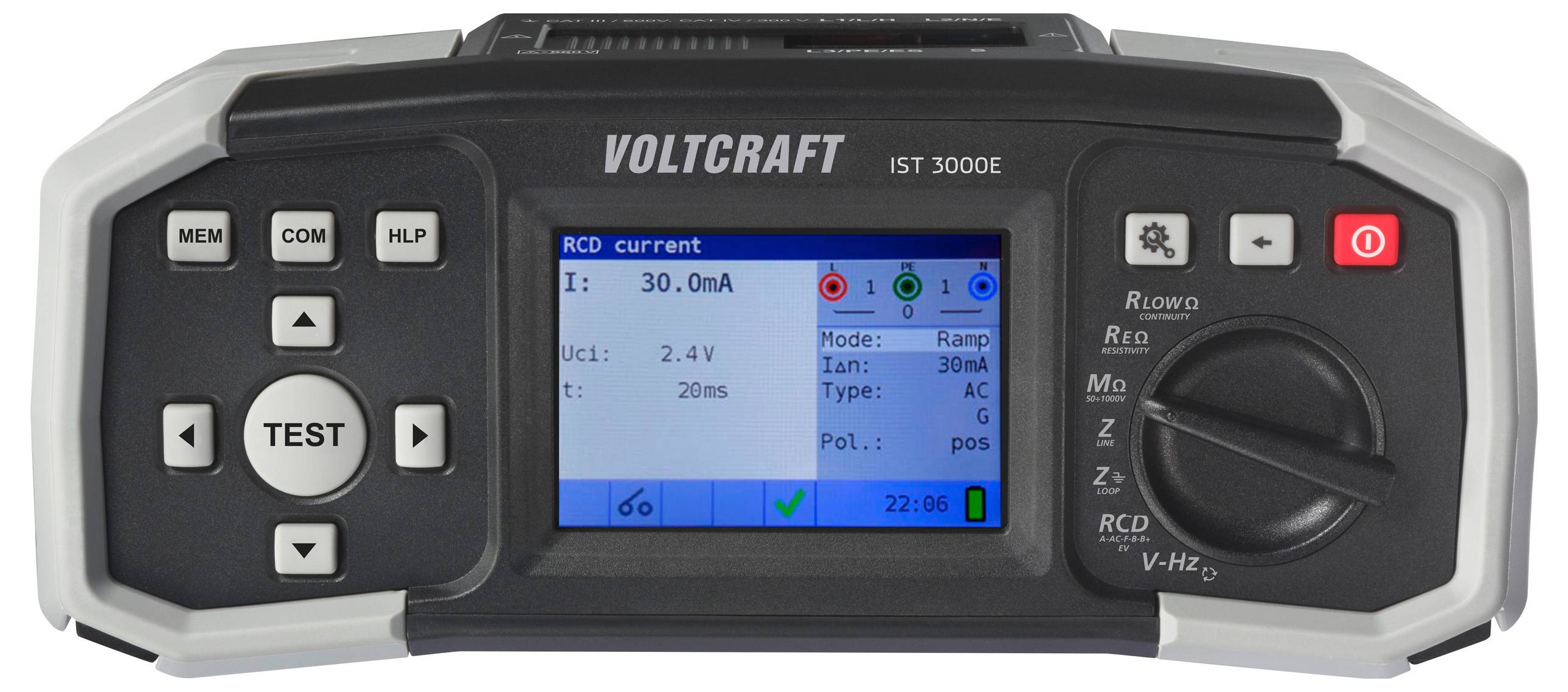 Ein digitales Voltmeter, das "RCD-Strom" anzeigt, mit Messwerten wie 30,0 mA und 2,4 V. Mit Tasten für Testmodi und Einstellungen.