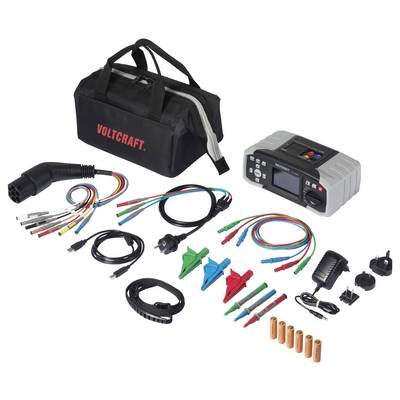 Ein 'VOLTCRAFT' Teseter-Set inklusive Hauptgerät, Kabeln, Klemmen, Netzadaptern und Tragetasche. Geeignet für elektrische Prüfaufgaben.