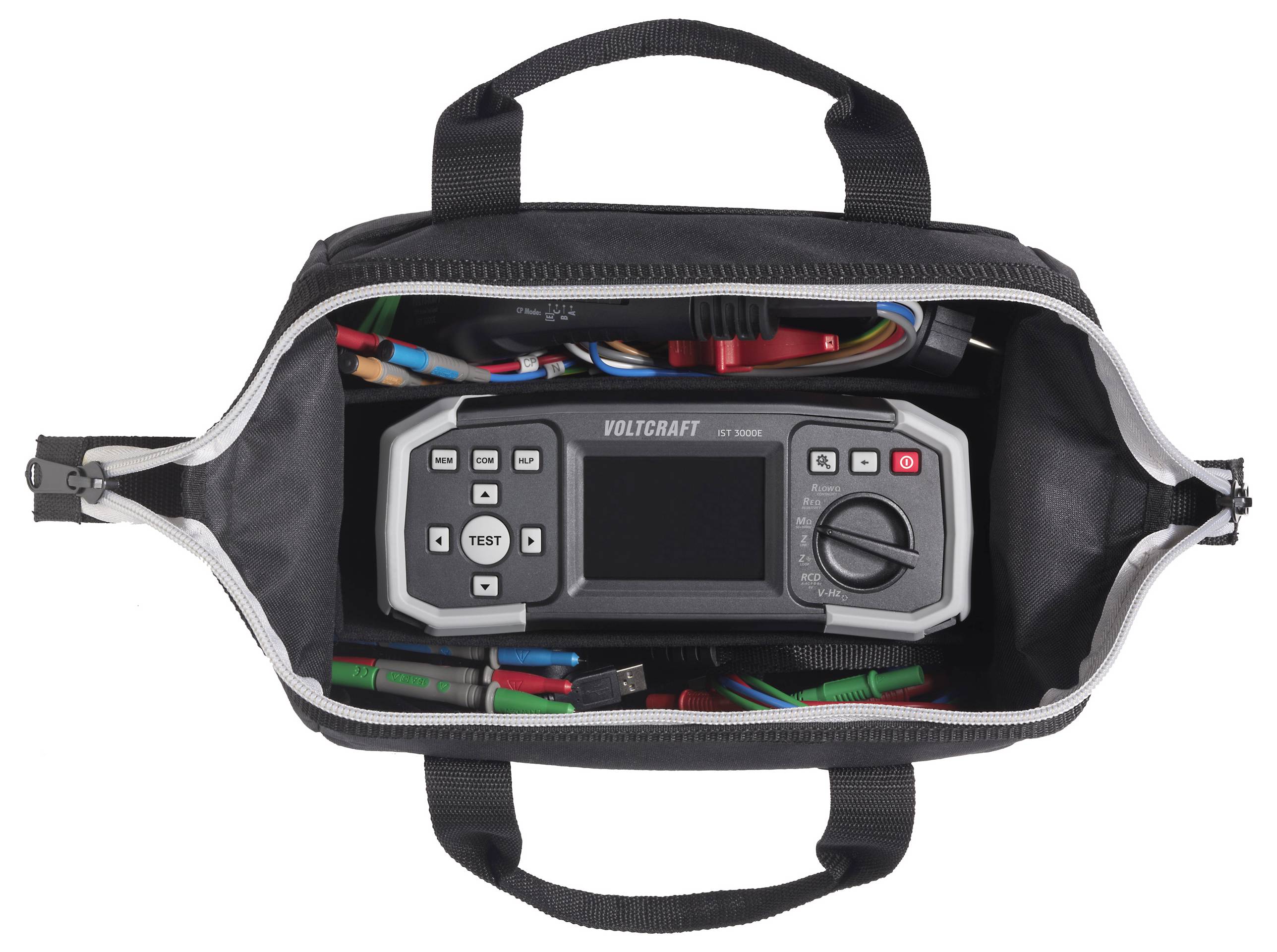 Eine schwarze Werkzeugtasche mit offenem Reißverschluss zeigt einen digitalen Multimeter der Marke 'Voltcraft ET-1000', umgeben von verschiedenfarbigen Kabeln.