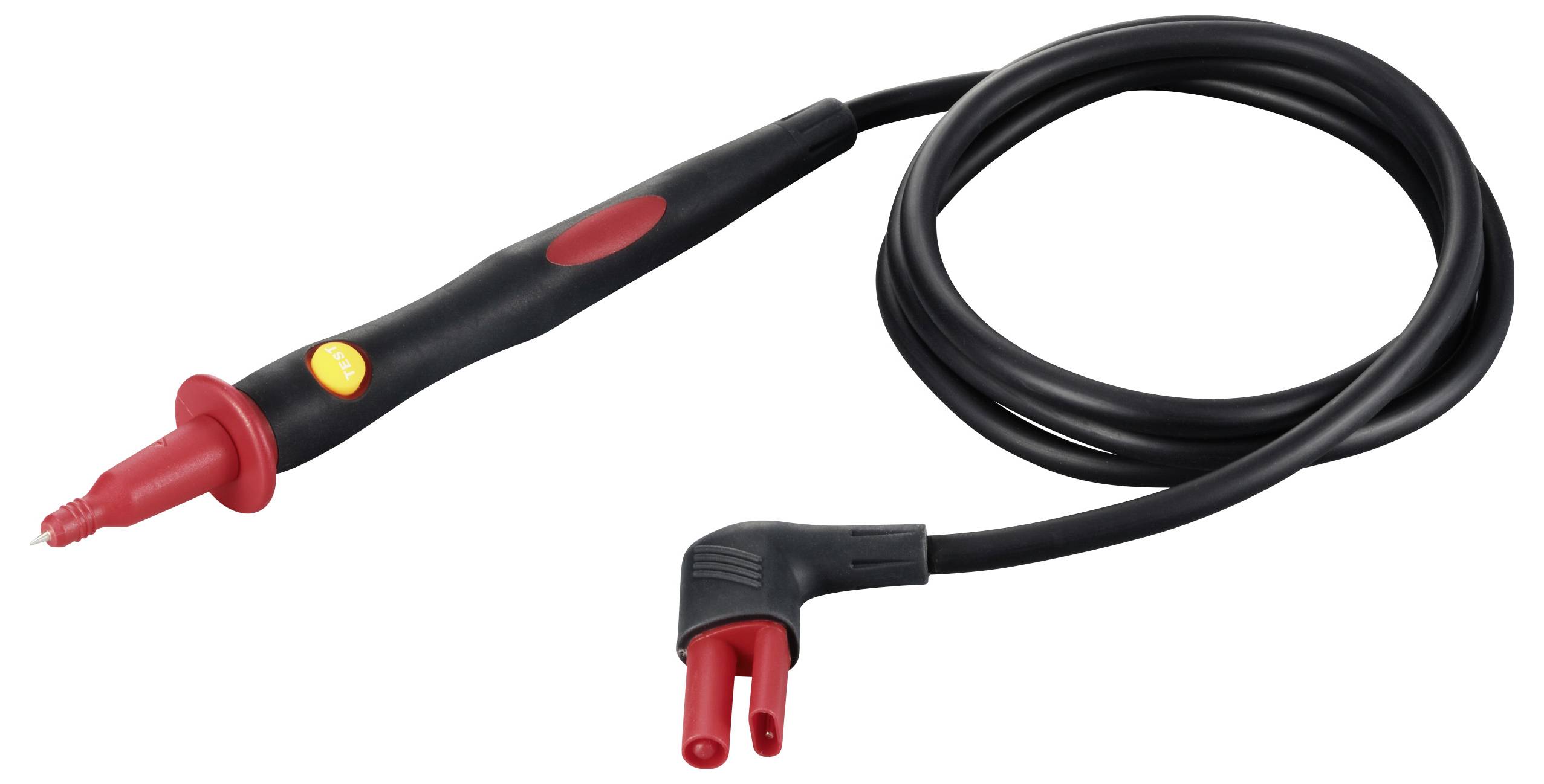 'Schwarz-rotes Multimetermesskabel mit einer Prüfspitze und einem abgewinkelten Steckerende, zur Messung elektrischer Spannungen.'