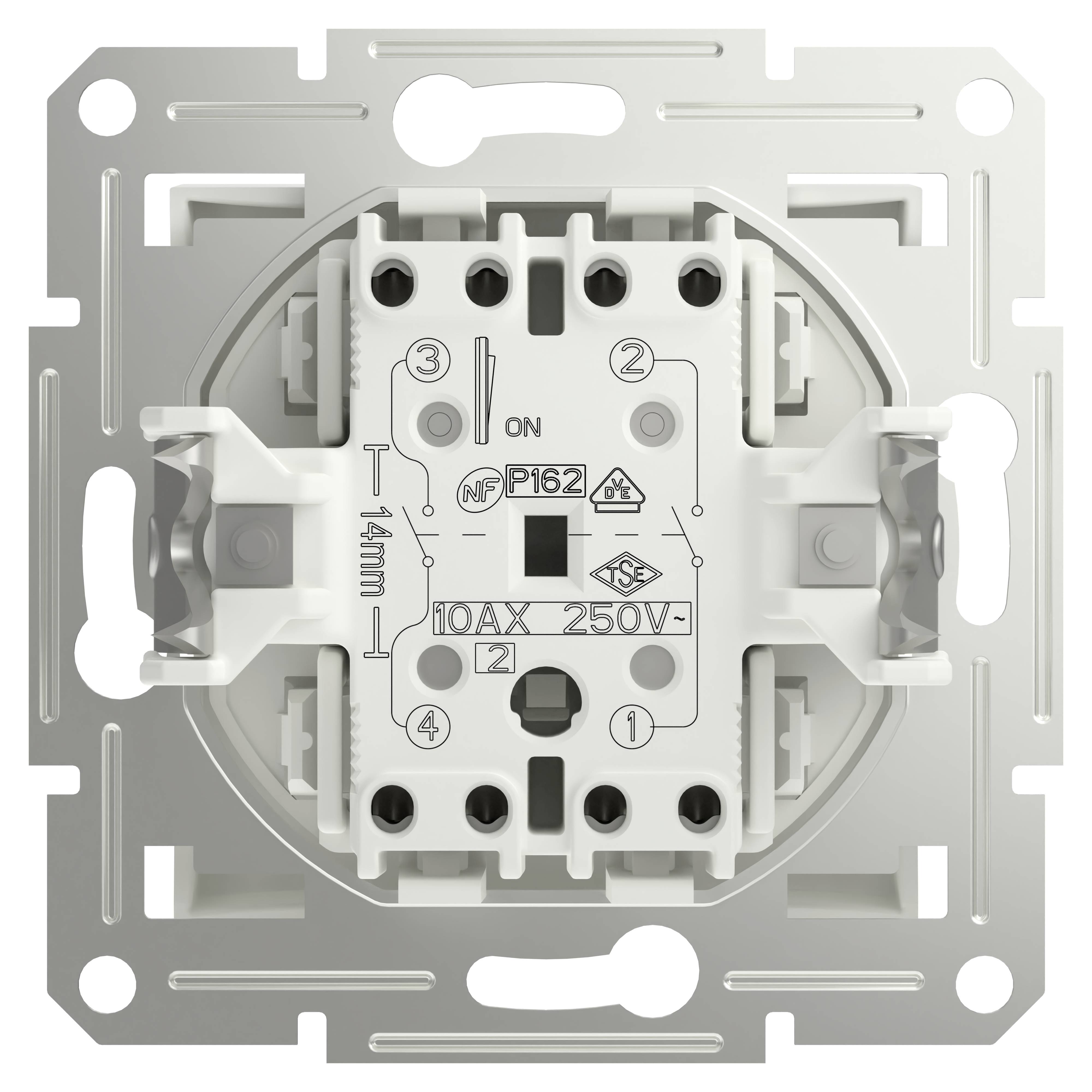 Ein weißer Lichtschalter-Einsatz mit symbolischen und technischen Markierungen auf der Vorderseite, montiert in einer quadratischen Metallplatte.