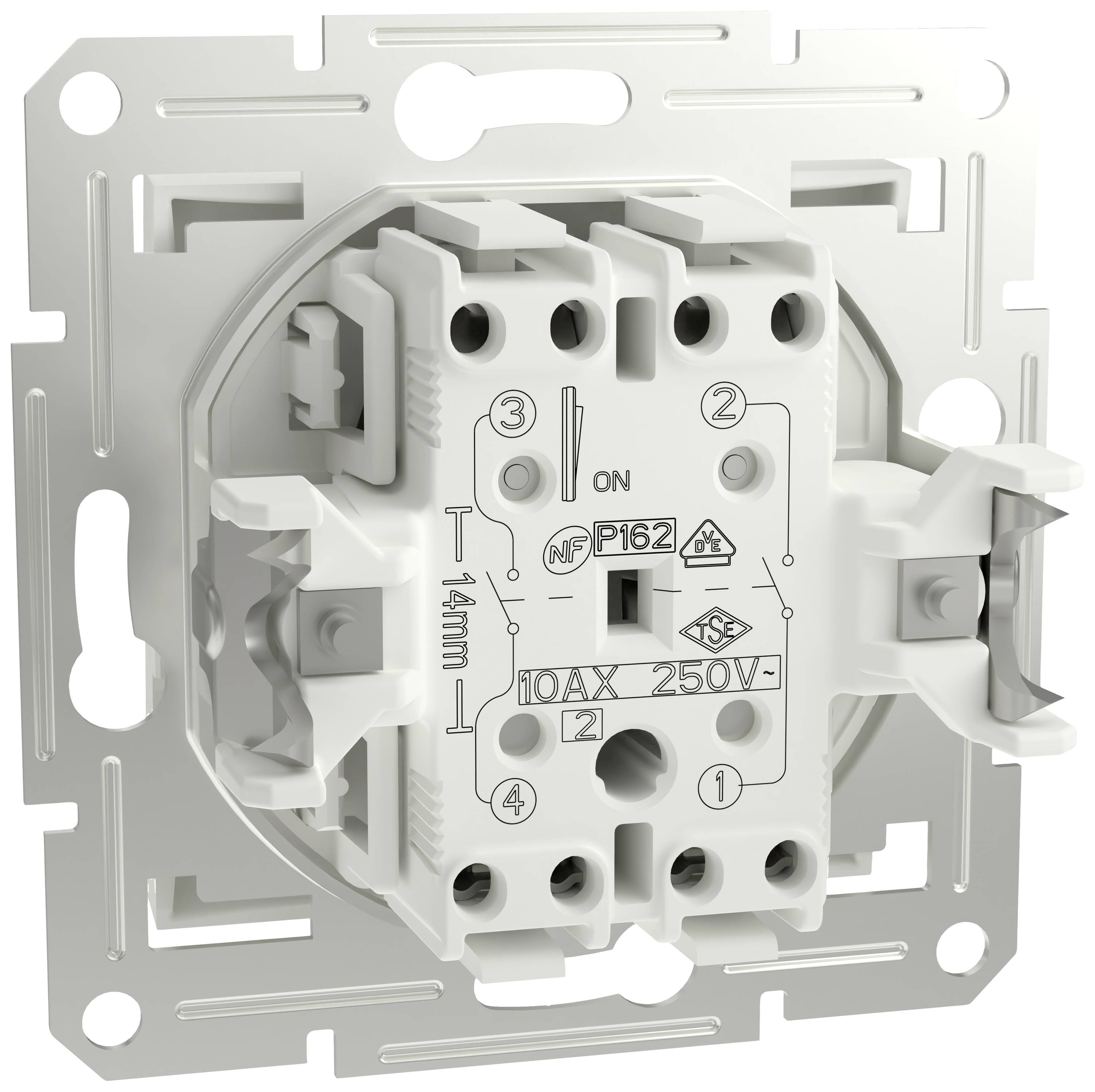 'Installationsschalter für Unterputzmontage, 10A, 250V, mit 2 Anschlüssen und Symbolen für die elektrische Installation.'