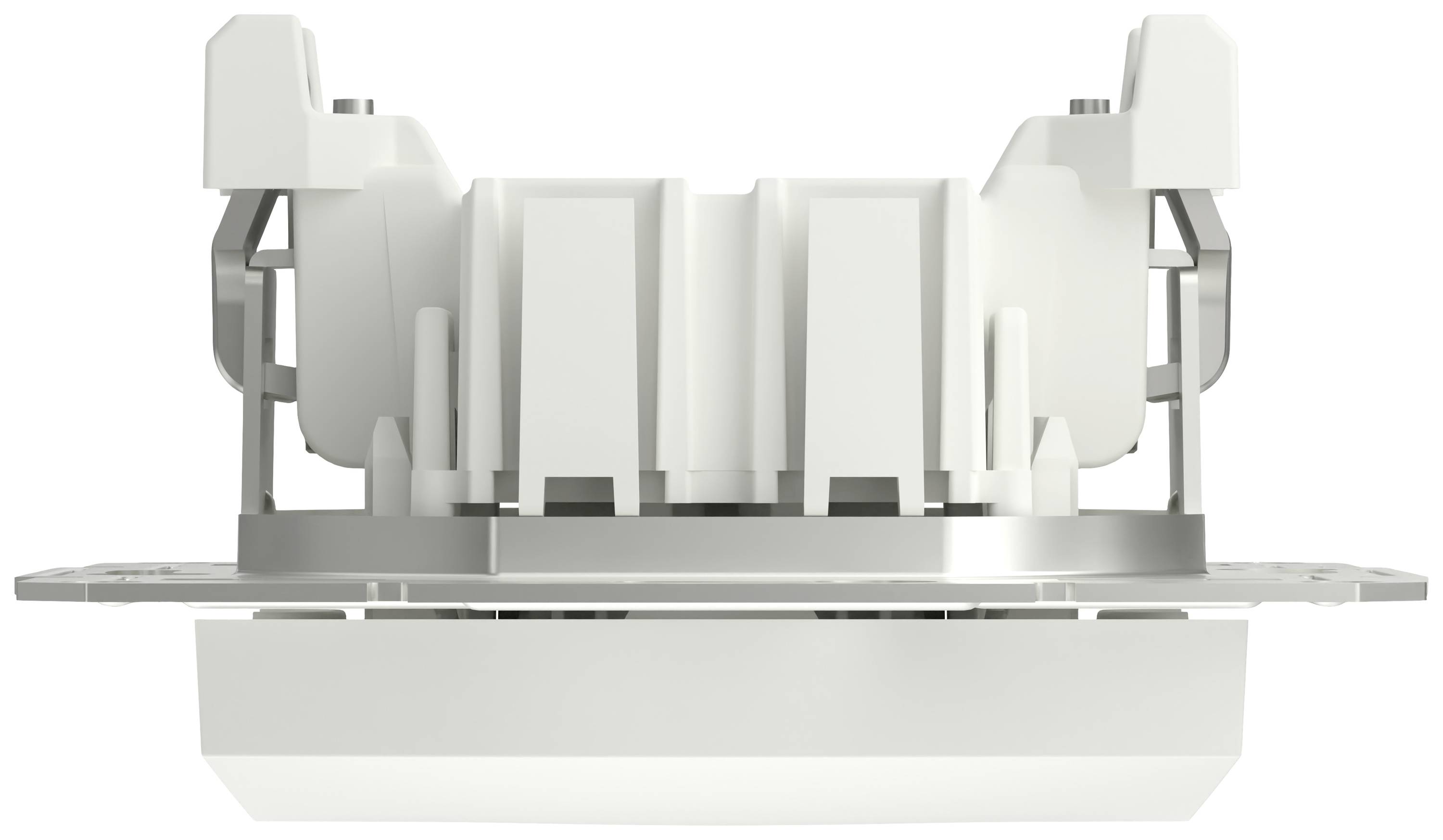 Weiße Wandhalterung für elektrische Komponenten, seitlich gesehen, mit Metallrahmen und Plastikgehäuse.